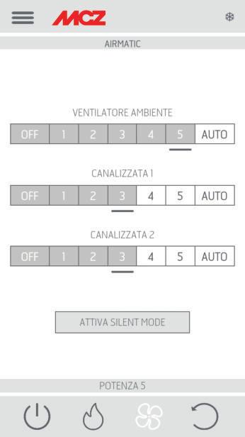 19-FUNZIONI APP SCHERMATA VENTILATORI In questa schermata si possono gestire le potenze di ventilazione per i singoli ventilatori. La potenza è impostabile su 5 livelli.