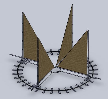 PRIMA SOLUZIONE Intera struttura in acciaio Fe510 Sistema di quattro vele a forma di triangolo rettangolo di lunghezza 8x6 m Utilizzo di una rotaia per la guida al moto rotatorio collegata con
