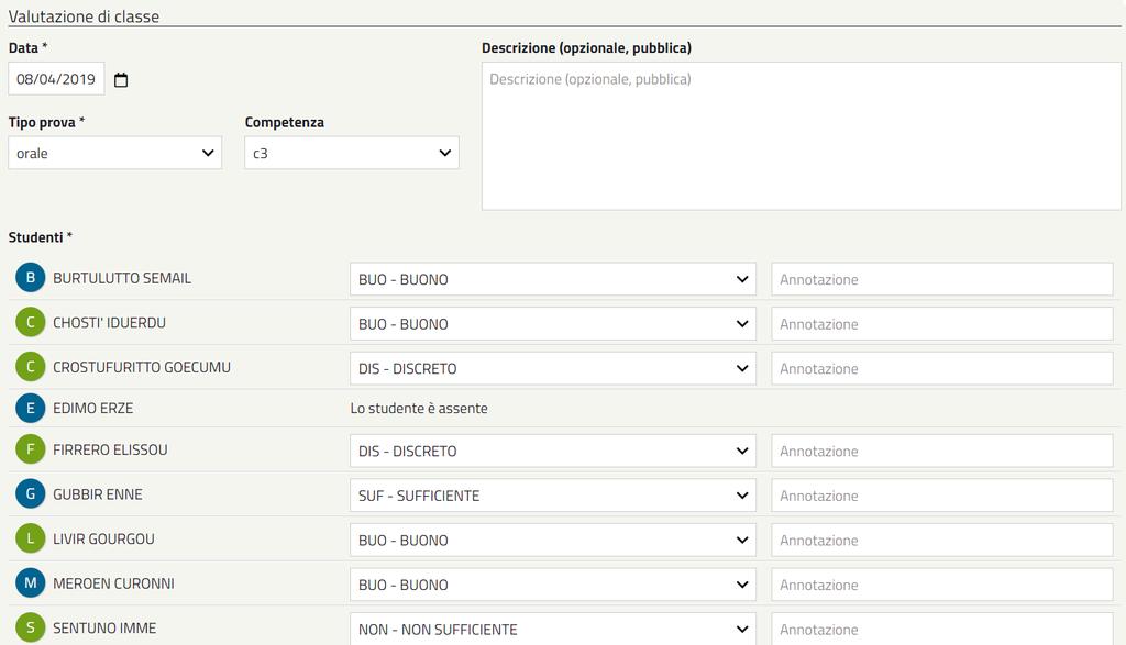 inserire la valutazione nel modulo con l elenco degli alunni I dati sono pubblici e sono visualizzabili dal dirigente e da genitori (solo se la segreteria ha abilitato l opzione di visualizzazione da