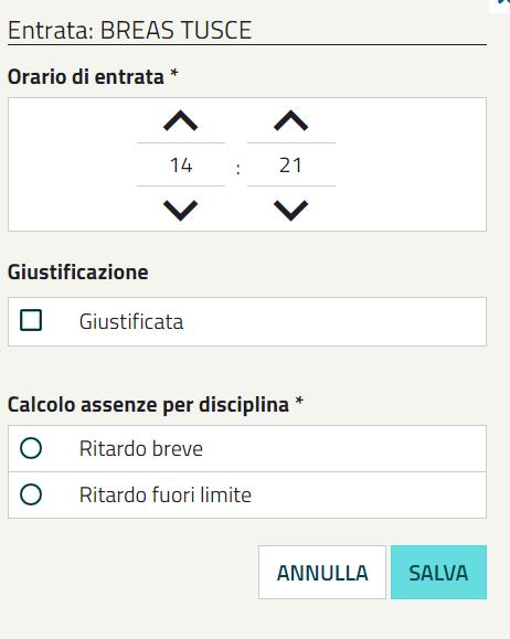 Inserire entrate in ritardo e uscite in anticipo Quando uno studente entra in ritardo alla lezione si clicca sulla prima freccia grigia a destra e si compila il modulo che appare come pop up.