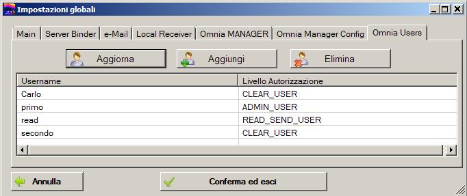 3.2 Gestione utenti Omnia Sempre nelle impostazioni generali nella sezione Omnia Users è possibile configurare gli utenti del sistema di versioning.
