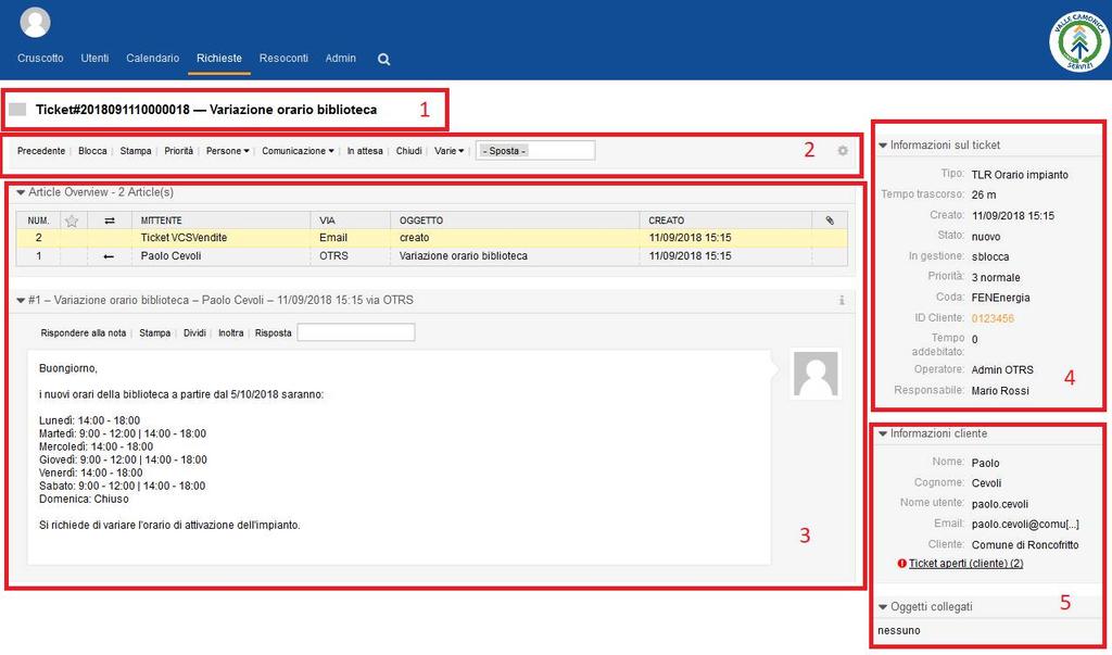 Nel dettaglio ticket troviamo: 1. ticketid e oggetto della richiesta; 2. menu azioni utente; 3. eventi relativi al ticket e comunicazioni; 4. informazioni sul ticket; 5. informazioni sul cliente.