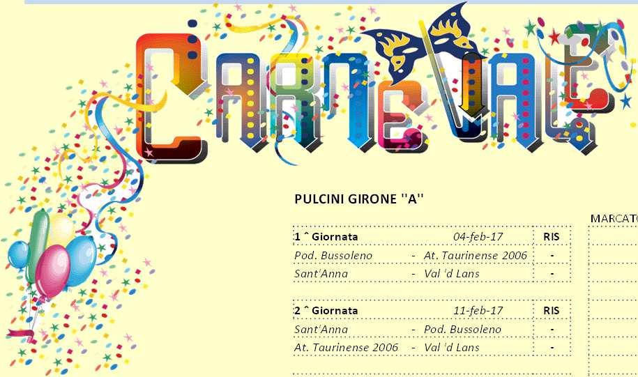 COPPA CARNEVALE 2017 PULCINI GIRONE ''A'' PULCINI GIRONE ''B'' 1 ˆ Giornata 04-feb-17 RIS 1 ˆ Giornata 04-feb-17 RIS Pod. Bussoleno - At. Taurinense 2006 - At.