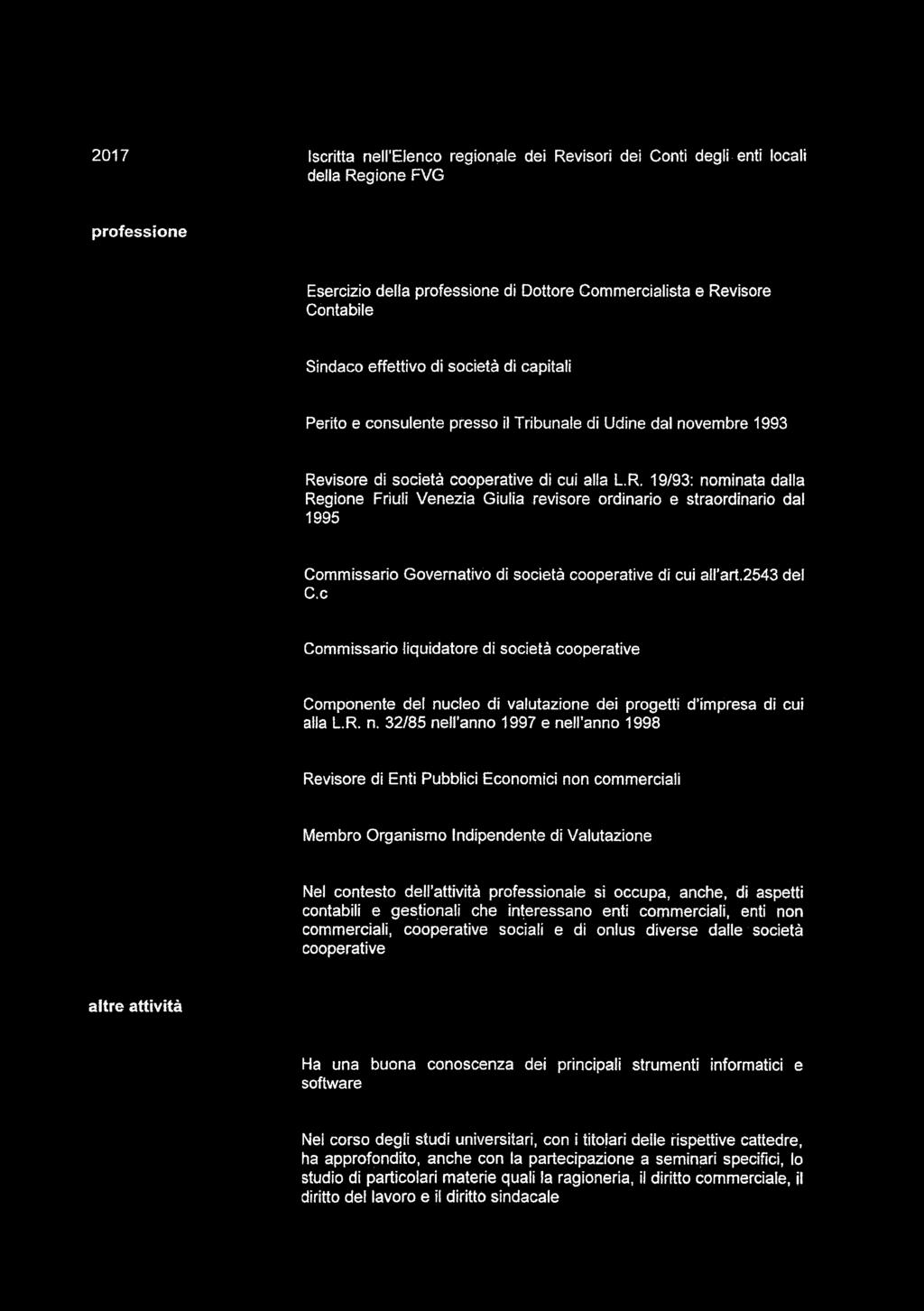 2017 Iscritta nell'elenco regionale dei Revisori dei Conti degli enti locali della Regione FVf professione Esercizio della professione di Dottore Commercialista e Revisore Contabile Sindaco effettivo