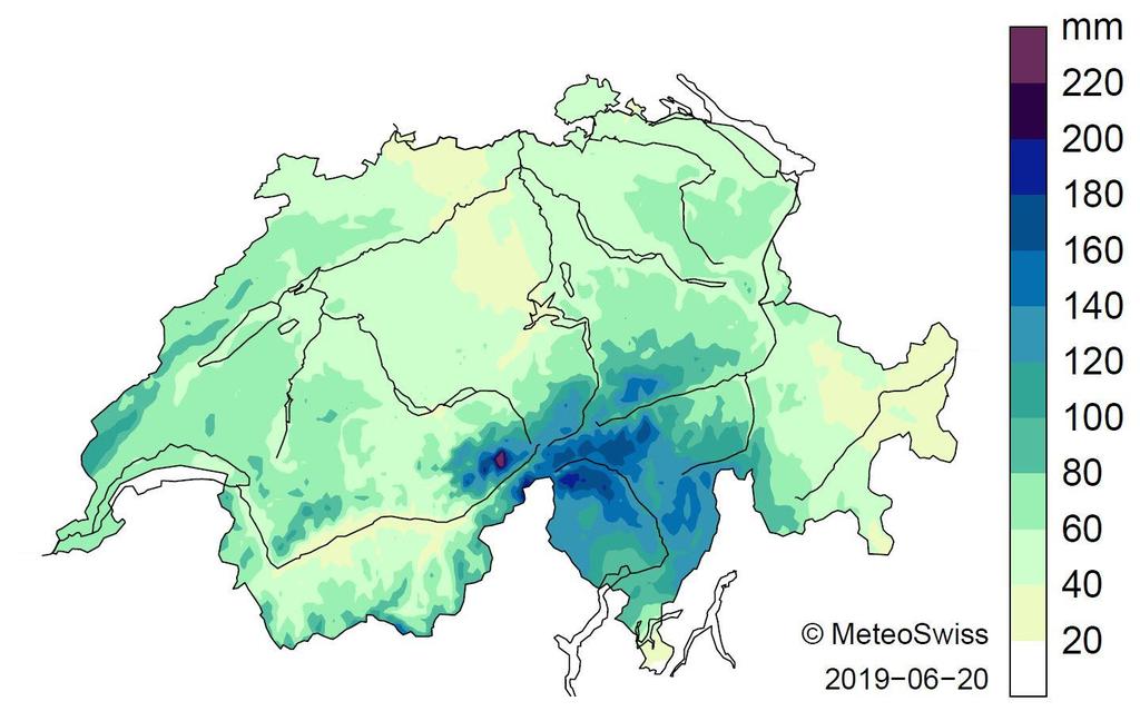 MeteoSvizzera Bollettino del clima Giugno 2019 3 Precipitazioni intense da sud Il passaggio di un fronte freddo ha portato nella notte sul 6 giugno ad un marcato raffreddamento in Svizzera.