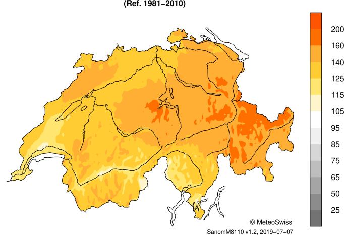 MeteoSvizzera Bollettino del clima Giugno 2019 9 Temperatura, precipitazioni e soleggiamento, Giugno 2019 Valori rilevati Deviazione dalla norma Temperatura media mensile ( C) Deviazione della