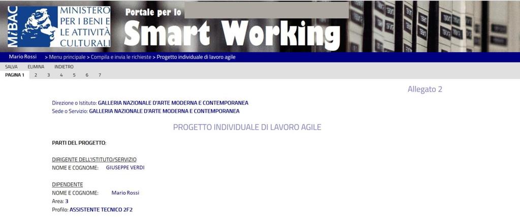 Si aprirà una maschera (Fig.4) per la compilazione del Progetto individuale di lavoro agile, composta da 7 pagine/sezioni.