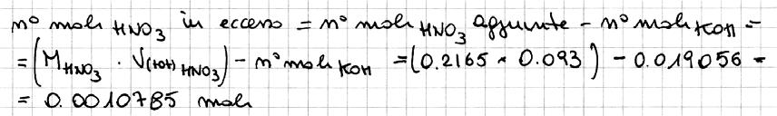 120.0 ml di una soluzione di KOH 0.1588 M vengono titolati con HNO 3 standard 0.2165 M. a. A che volume corrisponde il punto equivalente (V E )? b. Qual è il ph al punto equivalente? c. Qual è il ph dopo che sono stati aggiunti 82.