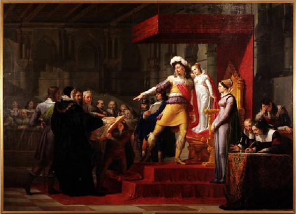 Gustavo Adolfo re di Svezia prima di partire per la guerra di religione riceve dall'assemblea degli stati generali giuramento di fedeltà alla propria figlia Cristina Palagi