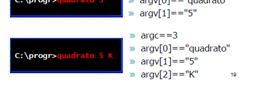 di stringhe Ogni stringa è un parametro del programma Vi sono argc diverse stringhe La prima stringa (argv[0]) è il nome