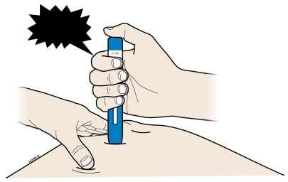 Importante: Per il momento non toccare il pulsante di avvio blu. H. Premere con decisione la penna preriempita sulla pelle finchè non smette di muoversi.