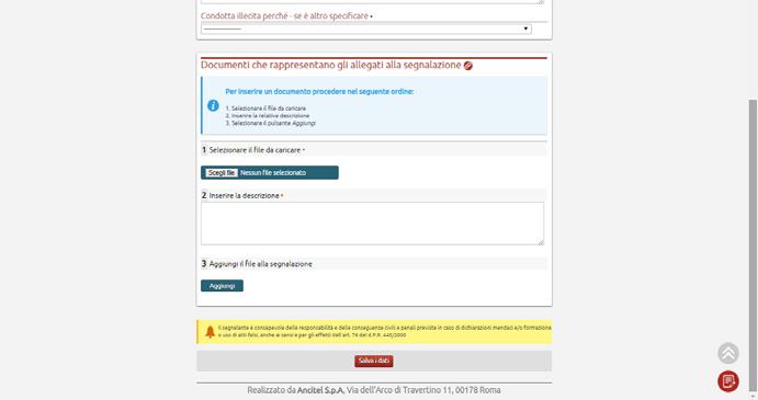 Fig. 5 Dopo aver compilato il modulo e allegato eventuali documenti a corredo è possibile cliccare su Salva i dati per completare l invio della segnalazione.