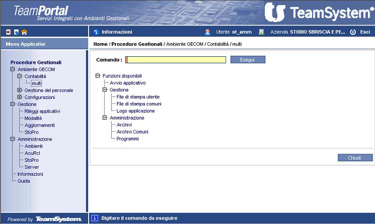 Manuale di amministrazione Ambiente TeamPortal Linux/Unix/Windows Il comando permette di visualizzare la situazione dell'installazione dei moduli e di eseguire test funzionali sui moduli.