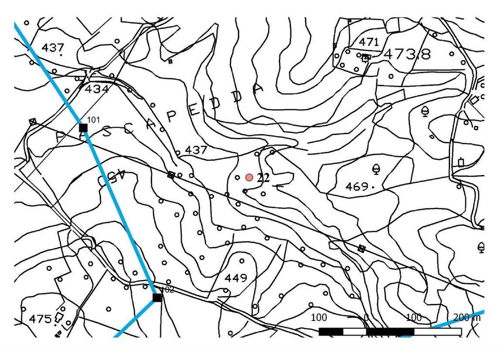 Pag.23 di 33 PREESISTENZA N 22 COMUNE : CALANGIANUS, PASCAREDDA POSIZIONE RISPETTO ALLE OPERE IN PROGETTO :EST OVEST NORD SUD INTERNA/ADIACENTE TOMBA DI GIGANTI TOMBA DI GIGANTI PASCAREDDA,