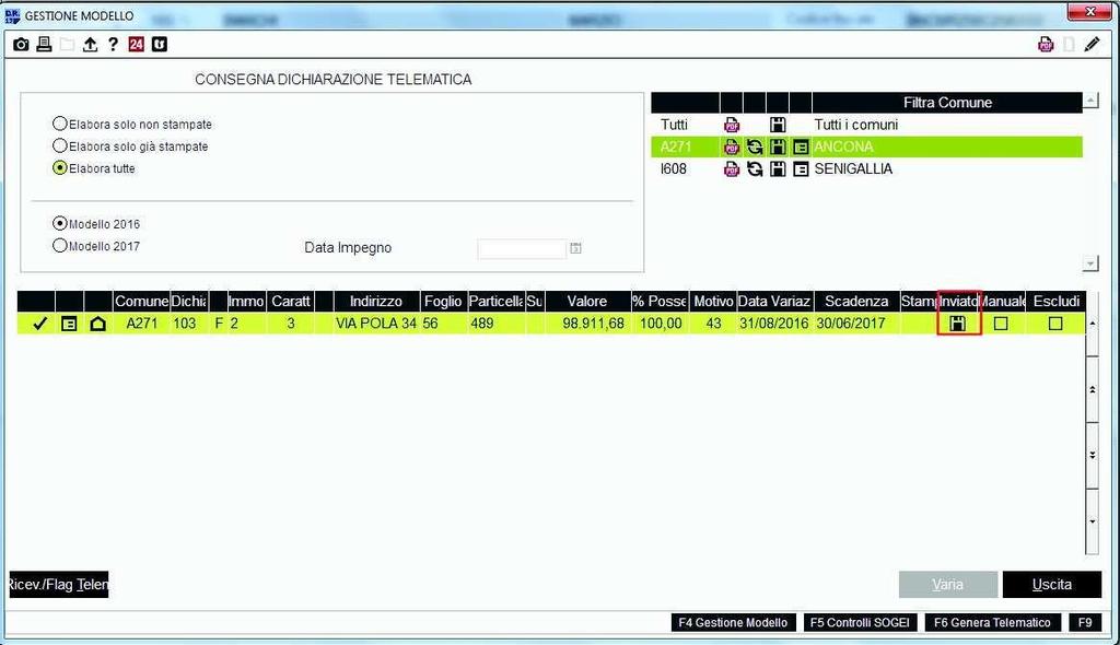 Dalla presente scelta è prevista la possibilità di effettuare la Generazione del telematico per il singolo contribuente, utilizzando la funzione F6=Genera telematico, attiva a fondo pagina.