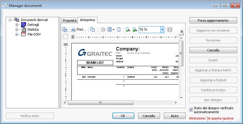 Per una distinta selezionata dai Manager Documenti, le proprietà (nome del file, stato, titolo, percorso) vengono visualizzate nella pagina Proprietà.