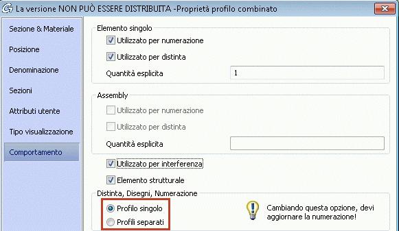 Prima di creare distinte e dettagli è necessario selezionare se la sezione composta deve essere considerata come un profilo singolo o profili separati.