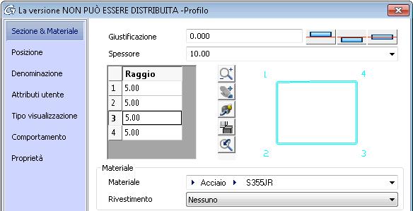 Le proprietà del profilo possono essere definite e modificate nella finestra di dialogo.