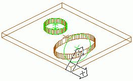 Esempio: Lavorazione piatto: contorno interno circolare e contorno circolare UCS Immagine 95: Lavorazione (circolare) indipendente e dipendente dal sistema di coordinate L'esempio di cui sopra mostra