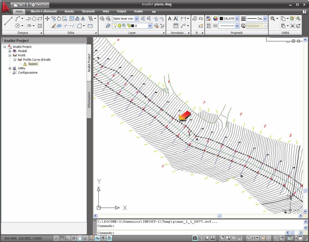 Modulo Profili e Sezioni Nell immagine sono indicati tutti i punti del perimetro di progetto che si intersecano con le Curve di Livello del Terreno.