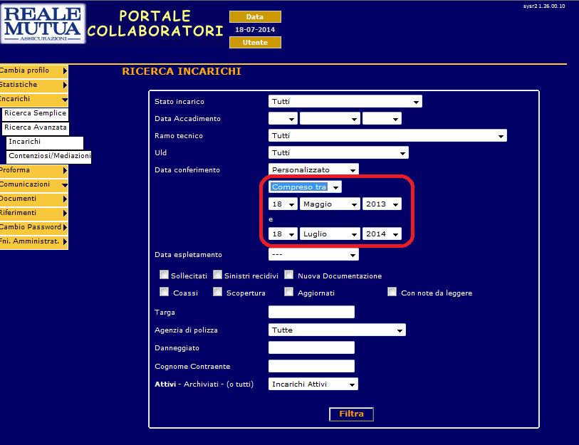 Ad esempio, come descritto dalla figura precedente, per ricercare tutti gli incarichi che hanno una data conferimento maggiore del 18 Maggio 2013, si sceglierà l apposita voce di range e si