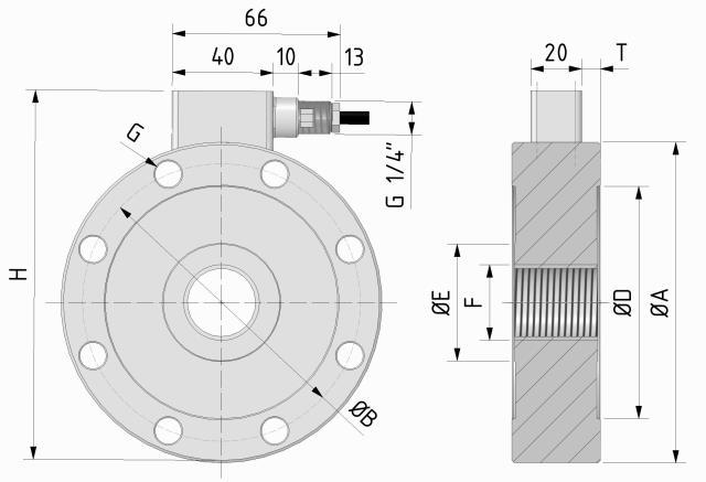 Dimensioni [mm] Dimensions [mm] From 5kN to 1MN 2MN and 5MN LOAD A B C D E F G n G H T 5 kn 10 kn 25 kn 50 kn (1) 50 kn 100 kn 200 kn 300 kn 100 86 35 72 32 M20 1.5 9 6 121 7.