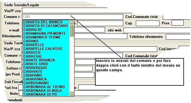 Fig.7 Ricerca del comune nel database dei comuni il codice di avviamento postale, la provincia ed eventuali altri dati relativi al