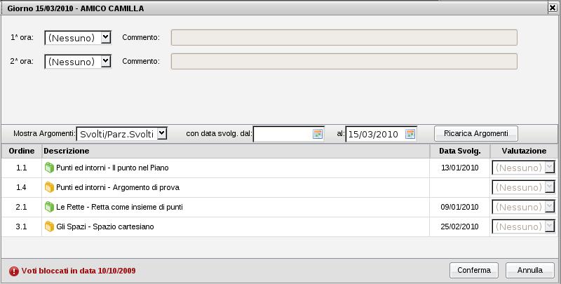 In corrispondenza di ciascuna ora di lezione è possibile inserire una valutazione, un'assenza o un'annotazione.