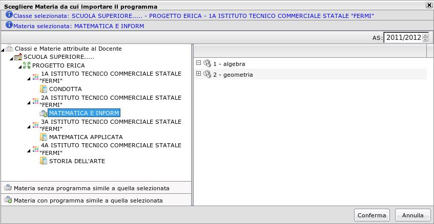 in cui il docente seleziona la materia su cui esportare o da cui importare il programma scolastico. Dalla versione 3.0.