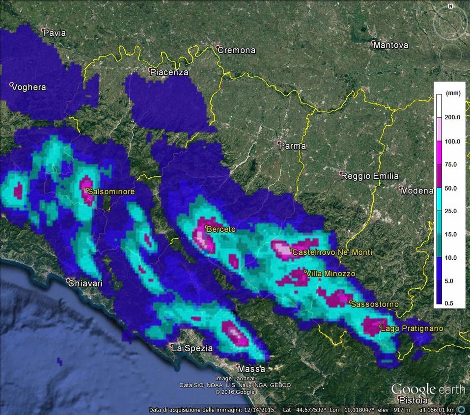 Figura 7. Cumulata di precipitazione da radar del 25/7/216 dalle 11: UTC alle 17: UTC con indicate in giallo le stazioni che hanno registrato i valori massimi.