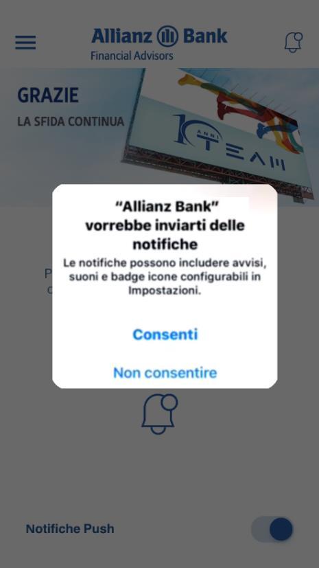 COME ATTIVARE LA NUOVA MODALITA ABILITA LE NOTIFICHE PUSH Le Notifiche Push sono avvisi che la App Allianz Bank