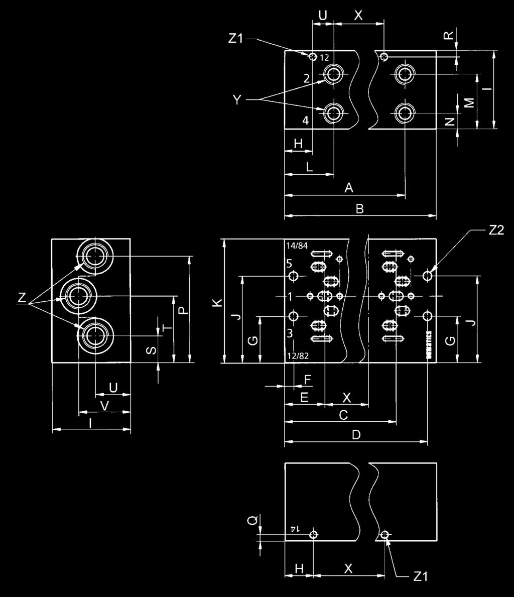 Basi Dimensioni Basi Manifold con ingressi laterali 2 e 4 in G 1/4 per distributore a comando pneumatico (connessioni 12/82 e 14/84 separate) 1x per stazione 2x