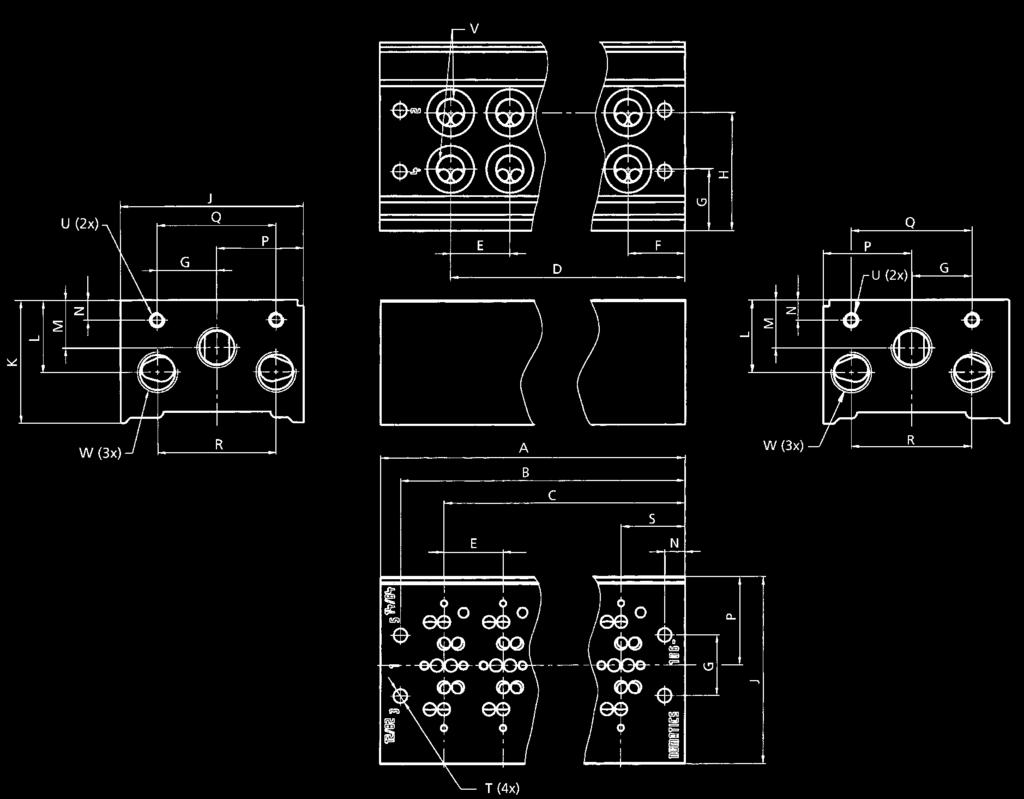 Basi Dimensioni Basi Manifold con connessioni dorsali 2 e 4, filetto G 1/8 per distributore elettropilotato (in comune 12/82 e 14/84) (2x per stazione) Stazioni A B C D Peso appross.