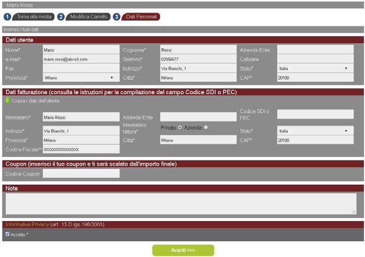 Pagina dei Dati Personali (inserimento dati utente e di fatturazione): I dati utente sono quelli inseriti al momento della registrazione.