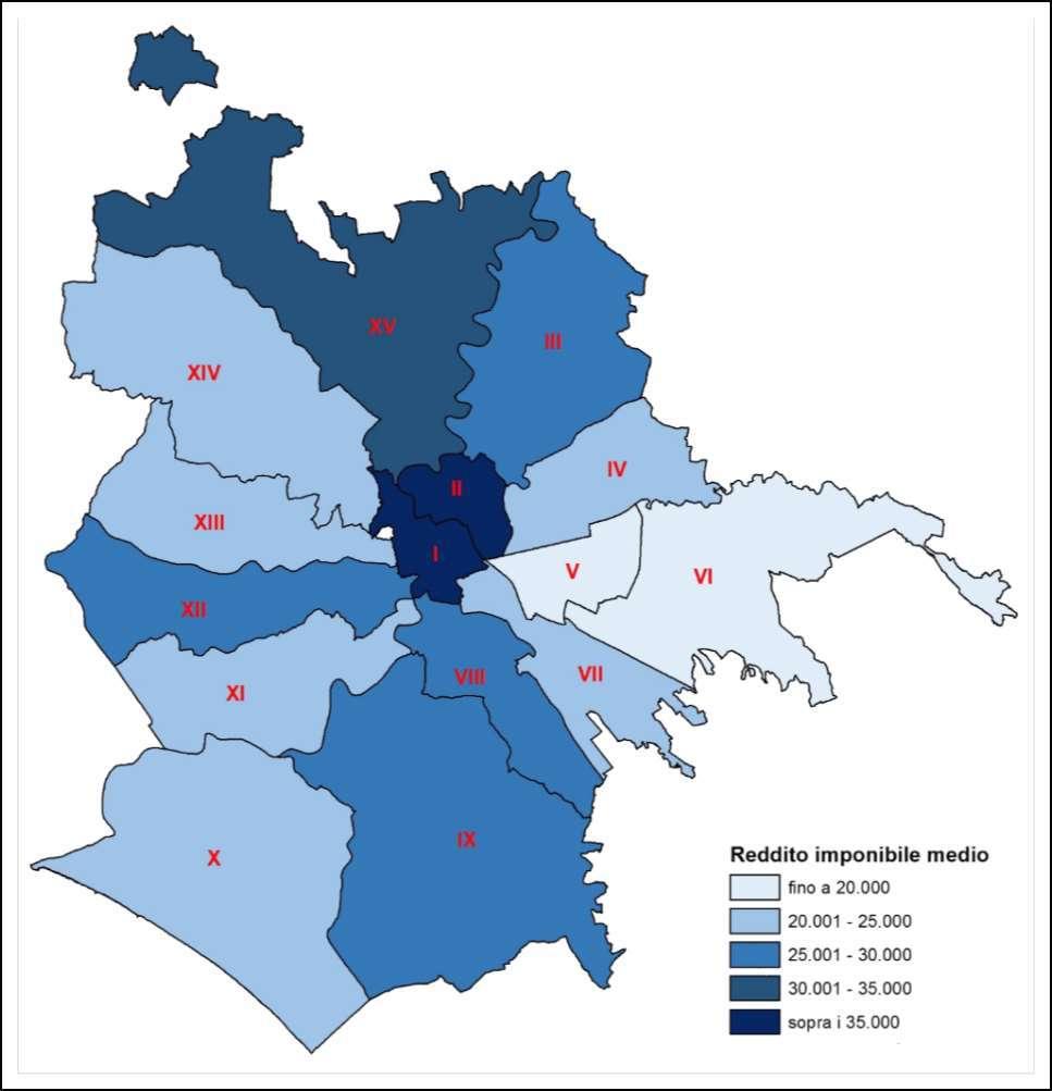 Fig.13.1 - Reddito medio individuale per municipio dichiarato a Roma (valori in euro).