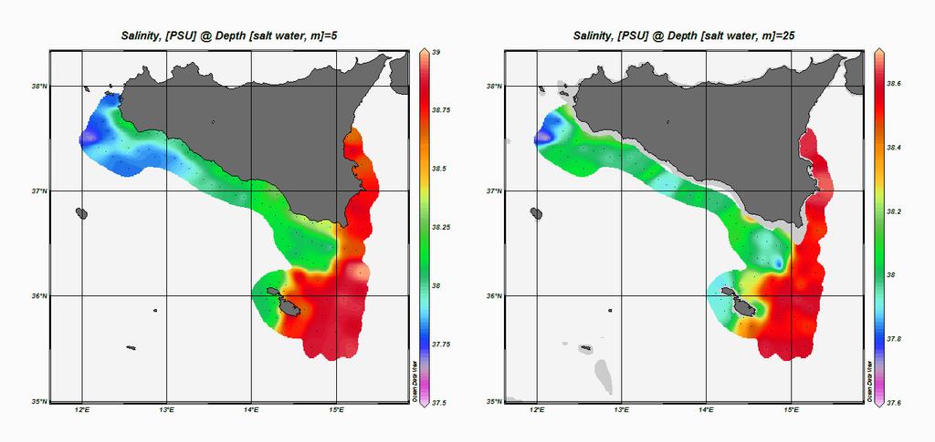 Le mappe di temperatura e salinità in superficie ed alla profondità di 25 m, riportate nelle figure 51 e 52, mettono l'estensione dell'area interessata dall upwelling costiero, tra Marsala e Sciacca.