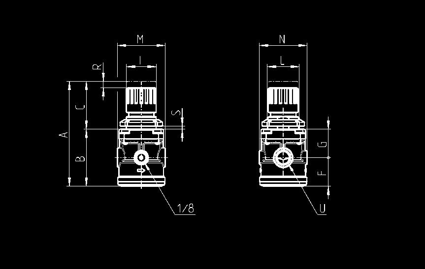 > Regolatori di pressione Serie N ESEMPIO DI CODIFIICA N SERIE 12 GRANDEZZA 04 ATTACCHI 08 = G1/8 04 = G1/4 R 0 0 N 12 04 - R 0 0 REGOLATORE