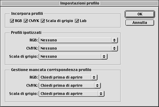 4-7 Specifica delle impostazioni per il colore PER IMPOSTARE I PROFILI PREDEFINITI IN PHOTOSHOP 5.X 1. Selezionare Impostazioni colore>impostazioni profilo dal menu File di Photoshop 5.x. 2.