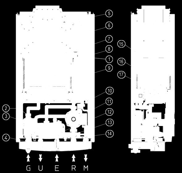 7 - Sonda NTC limite e regolazione 8 - Vaso d espansione 9 - Camera di combustione 10- Valvola sfogo aria 11- Circolatore 12-