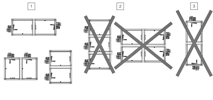 Accoppiamento in batteria per canali di grandi dimensioni 1. È consentito installare 2 serrande accoppiate in batteria. Dimensioni massime batteria: 1645x600, 1245x800, 800x1245. 2. Non è consentito accoppiare più di due serrande.