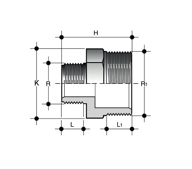 NRFV Nipplo ridotto estremità maschio filettate R 1 x R PN H K L L 1 g Codice 3/4" x 1/2" 16 43 30 15 16,3 15 NRFV034012 1" x 3/4" 16 47 36 16,3 19,1 25 NRFV100034 1"1/4 x 1" 16 54 46 19,1 21,4 40