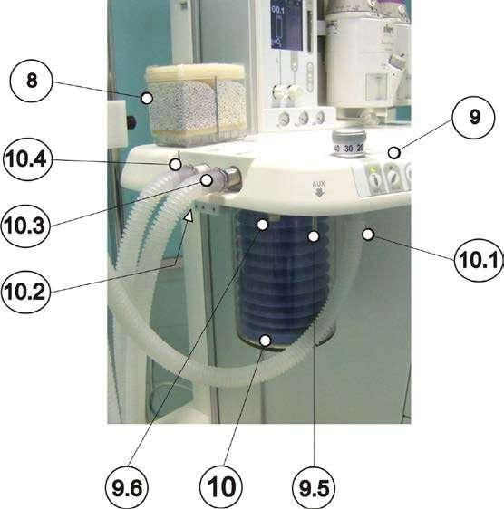 2.4.1 Gruppo valvole ( 10 ) 8 Canestro assorbitore di CO2 sganciabile con apposita leva di blocco. 9 Pannello di controllo per la gestione delle operazioni di ventilazione manuale. 9.5 Raccordo uscita gas freschi.