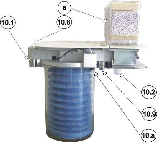 3.3.2 Vista lato circuito connessioni elettriche 8 Canestro assorbitore di CO 2 sganciabile con apposita leva di blocco. 10.1 Raccordo per collegamento kit ventilazione manuale in dotazione. 10.2 Raccordo per circuito evacuazione gas.