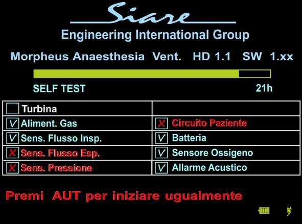 5.1.1 SELF TEST non superato ATTENZIONE! Pericolo di lesioni al paziente. Il malfunzionamento ed il non superamento di alcune fasi del SELF TEST è evidenziato dal sistema. ATTENZIONE! Pericolo di lesioni al paziente. Premere il tasto a membrana AUT per accedere alla visualizzazione in STAND-BY del ventilatore polmonare.