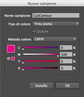 Dalla palette Campioni crea un nuovo campione colore nominandolo CutContour, seleziona Tinta piatta come