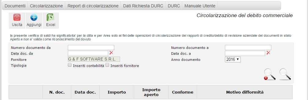 Sono presenti dei campi per effettuare i filtri di ricerca: - Numero documento; - Data Documento; -