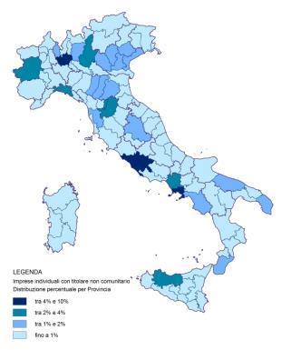 54 2018 - Rapporto comunità ucraina in Italia Mappa 4.4.1 Distribuzione provinciale dei titolari di imprese individuali appartenenti alla comunità di riferimento ed al totale dei Paesi non comunitari (v.