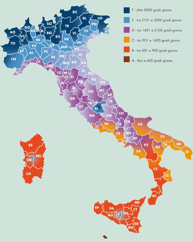 FASCE CLIMATICHE nelle province italiane A - fino a 600 gradi giorno B - tra 601 e 900 gradi