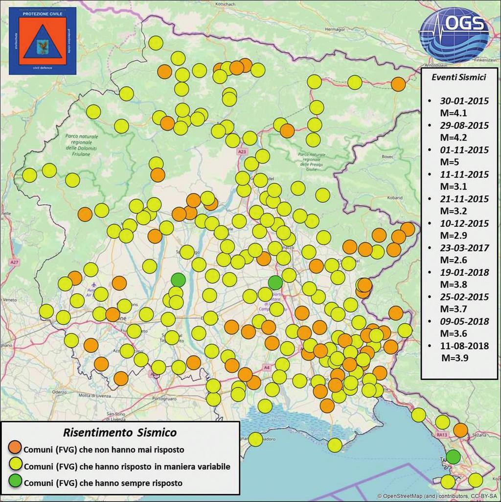 2 - Confronto, del Risentimento Sismico sul territorio della Regione FVG, considerando undici eventi sismici, attribuendo il colore arancio indica i