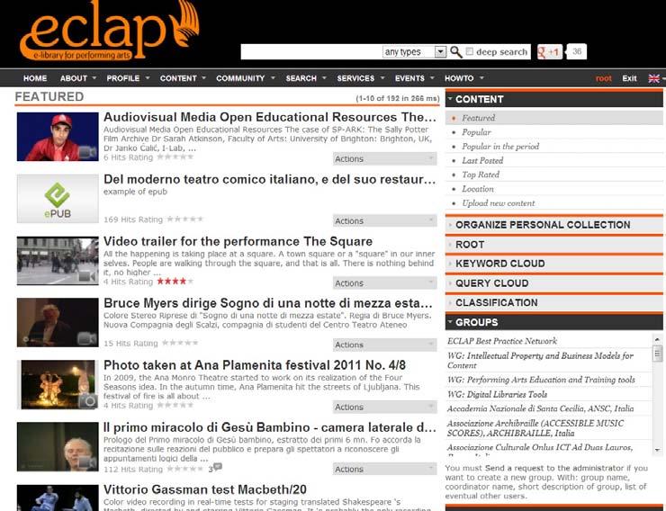 ECLAP Best Practice Network Archivio online delle arti performative in Europa Fornisce soluzioni e strumenti per raccogliere e diffondere contenuti di performing arts